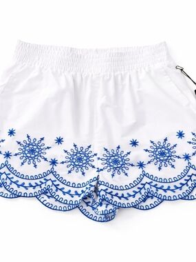 NVLT White Cotton Embroidered Shorts Blue Scallop Hem Boho Beach Summer Shorts